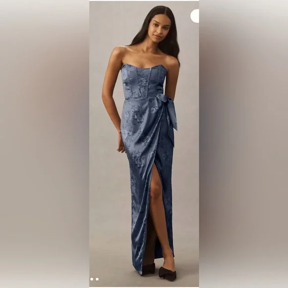 V. Chapman June Printed
Corset Front-Slit Satin Gown - Picture 1 of 4